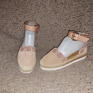 SEE BY CHLOE-Glyn-Suede Laser Cut Flower-Buckle Wedge Espadrille-SZ 37-Very Good